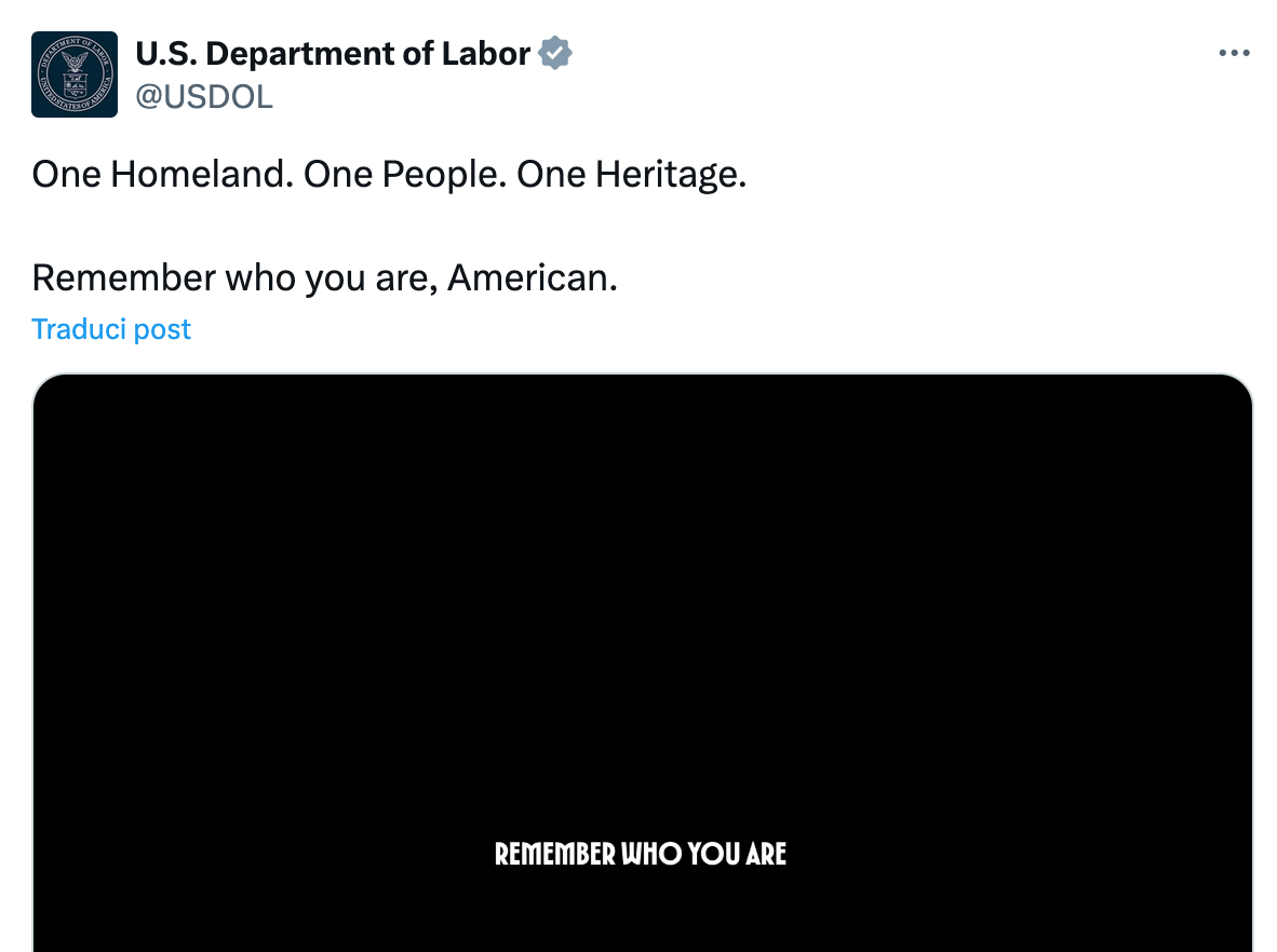 Polemica per lo slogan del Dipartimento del Lavoro, critici vedono echi nazisti