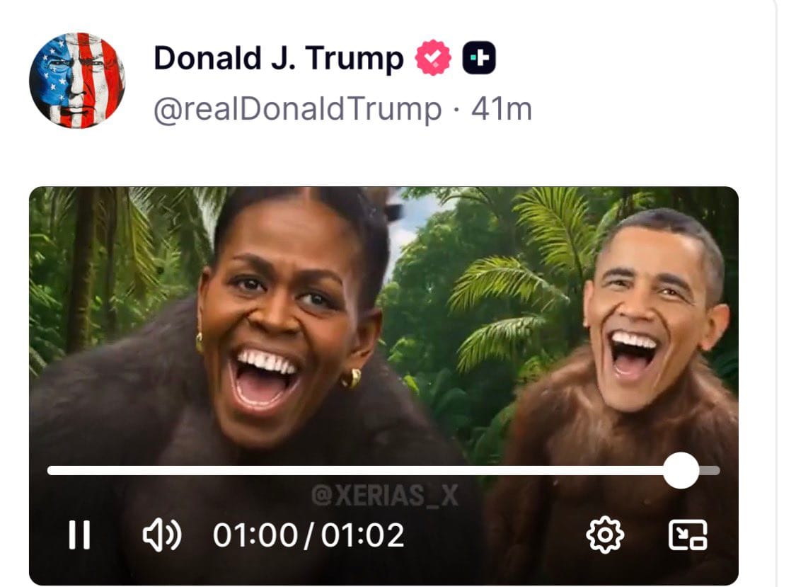 Trump criticato per un video su Truth Social con i coniugi Obama raffigurati come scimmie